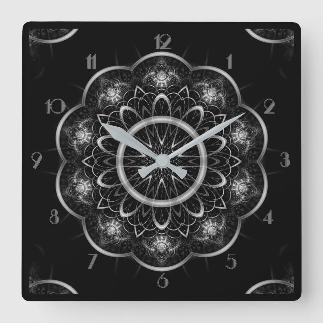 Silvery Filigree Mandala Square Wall Clock (Front)