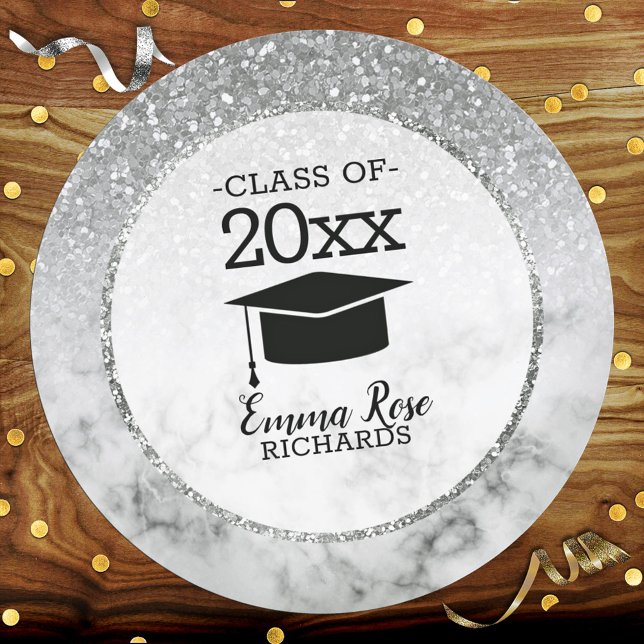 Silvery Glitter/Marble Graduation Classic Round Sticker (Creator Uploaded)