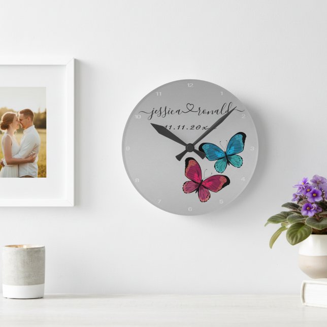 Silvery Grey Names Date Wedding Gift Personalised Round Clock (Personalized wall clock with newlywed's names and wedding date. Plus a lovely butterflies bonus!)