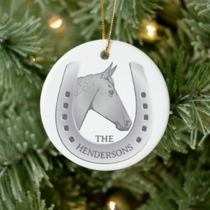 Silvery Horse and Horseshoe Emblem Ceramic Tree Decoration