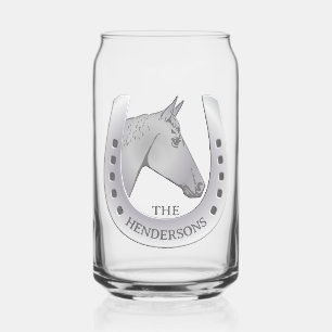 Silvery Horse and Horseshoe Emblem Personalised Can Glass