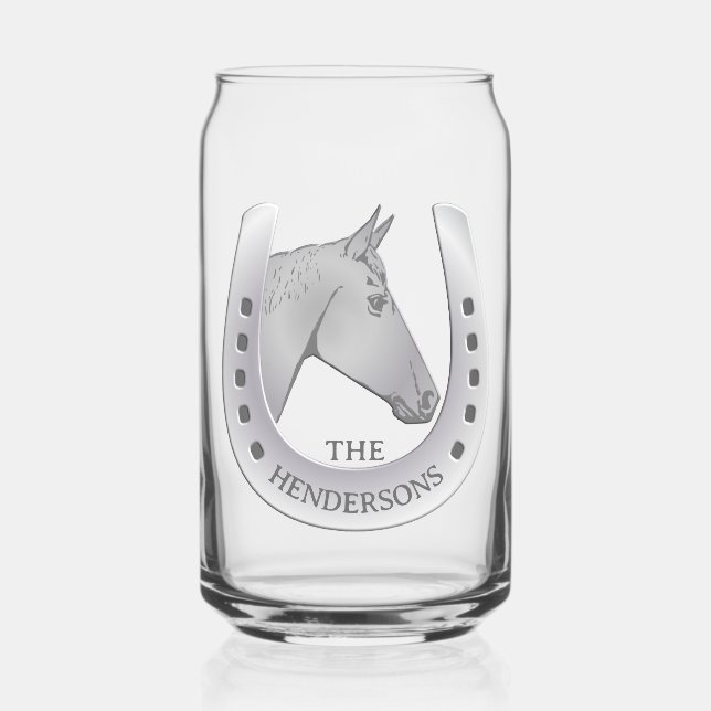 Silvery Horse and Horseshoe Emblem Personalised Can Glass (Front)