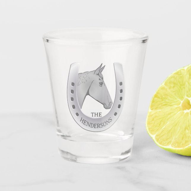 Silvery Horse and Horseshoe Emblem Personalised Shot Glass (Front)