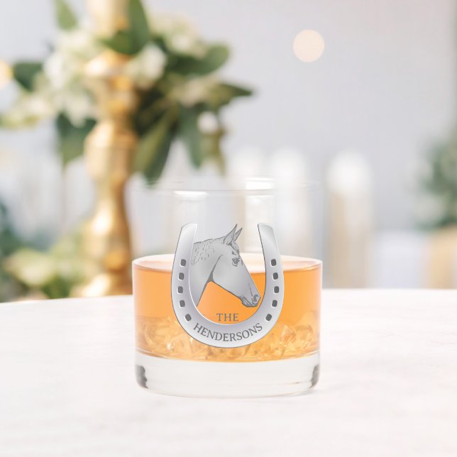 Silvery Horse and Horseshoe Emblem Personalised Whiskey Glass (Insitu (Wedding))