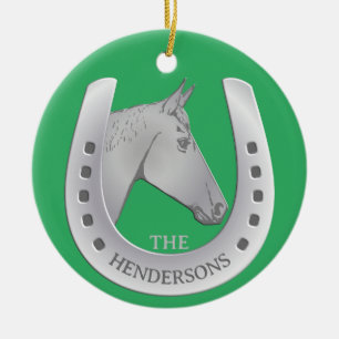 Silvery Horse and Horseshoe Emblem Red  Ceramic Tree Decoration