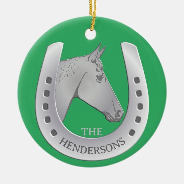 Silvery Horse and Horseshoe Emblem Red  Ceramic Tree Decoration (Front)
