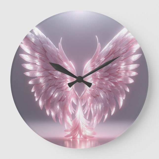 silvery light pink angel wing symbol large clock (Front)