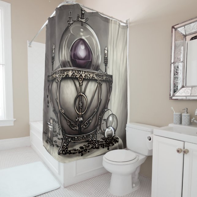 Silvery Ornate Cauldron with Purple Crystal Ball Shower Curtain (In Situ)