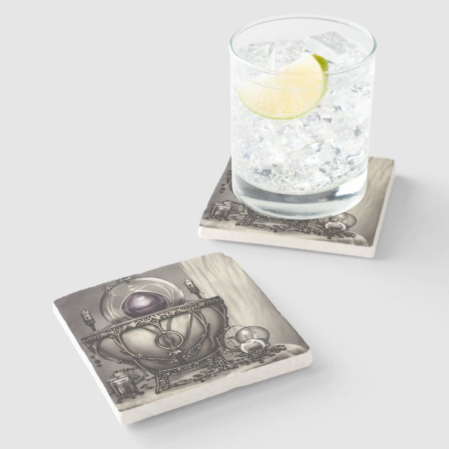 Silvery Ornate Cauldron with Purple Crystal Ball Stone Coaster (Side)
