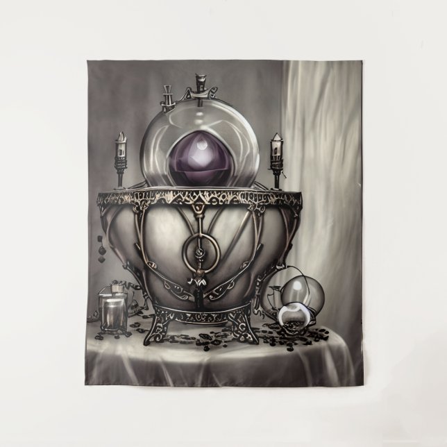 Silvery Ornate Cauldron with Purple Crystal Ball Tapestry (Front)