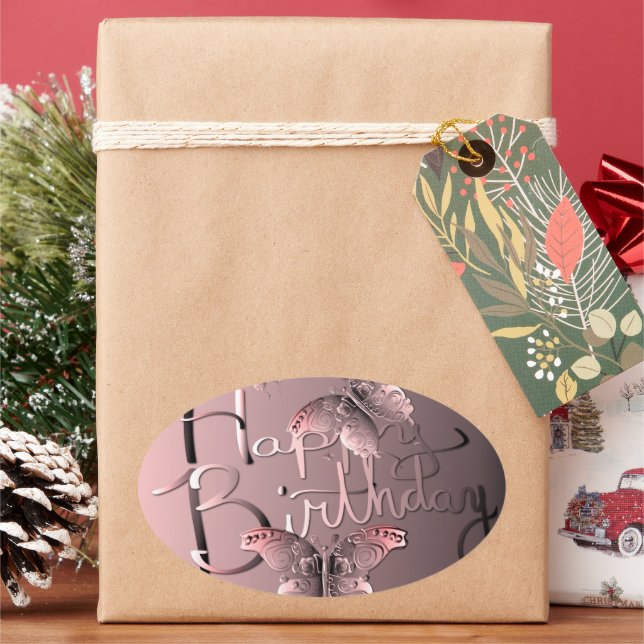 Silvery Pink Butterfly"Happy Birthday!" Cl Oval Sticker (Holiday)