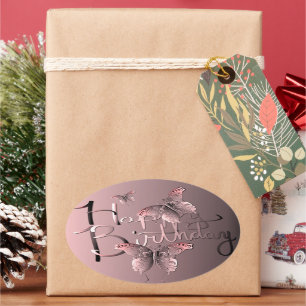 Silvery Pink Butterfly"Happy Birthday!" Cl Oval Sticker