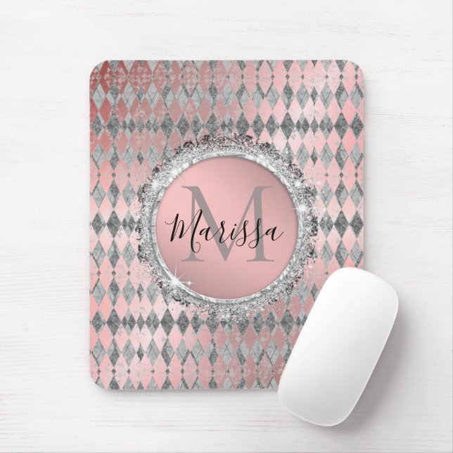 Silvery Pink Glittery Harlequin Monogram   Mouse Mat (With Mouse)