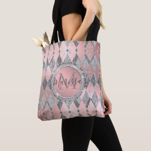 Silvery Pink Glittery Harlequin Monogram Tote Bag