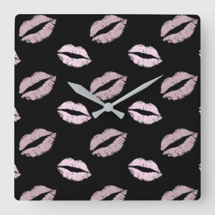 Silvery Pink Kisses Square Wall Clock