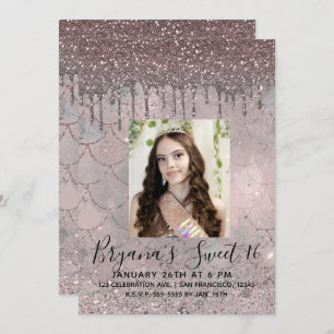 Silvery Pink Rose Gold Glitter Drip Sweet 16 Photo Invitation