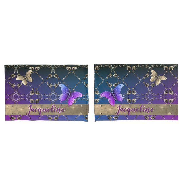Silvery Roses Purple Gradient w/Name  Pillowcase (Front-Set)