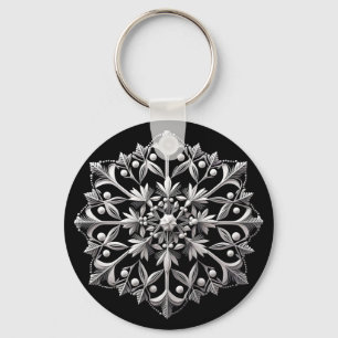 Silvery Snowflake on Black Key Ring