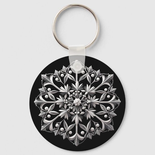 Silvery Snowflake on Black Key Ring (Front)