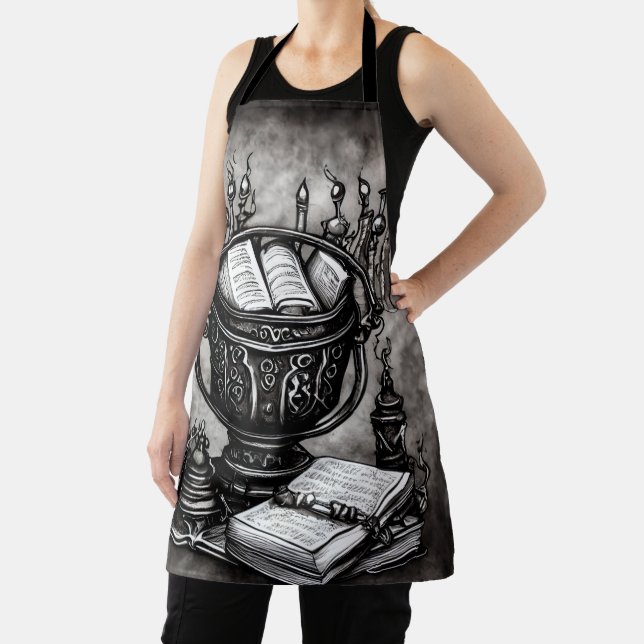 Silvery Steampunk Cauldron Spellbooks and Potions Apron (Insitu)