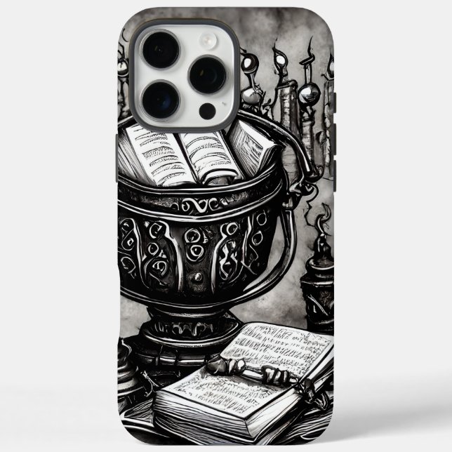 Silvery Steampunk Cauldron Spellbooks and Potions Case-Mate iPhone Case (Back)