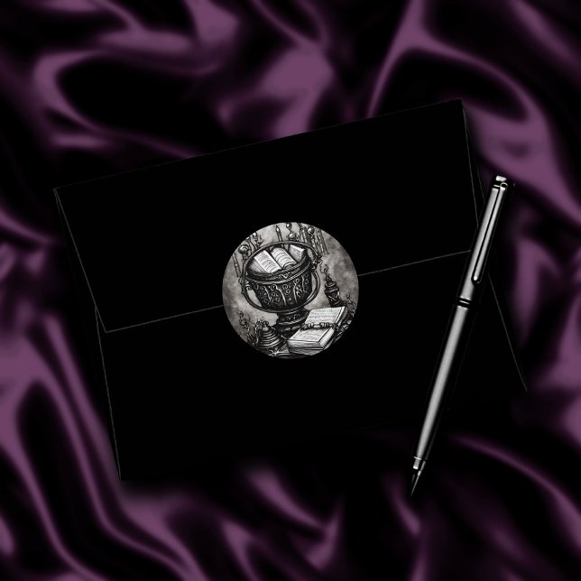 Silvery Steampunk Cauldron Spellbooks and Potions Classic Round Sticker (Creator Uploaded)