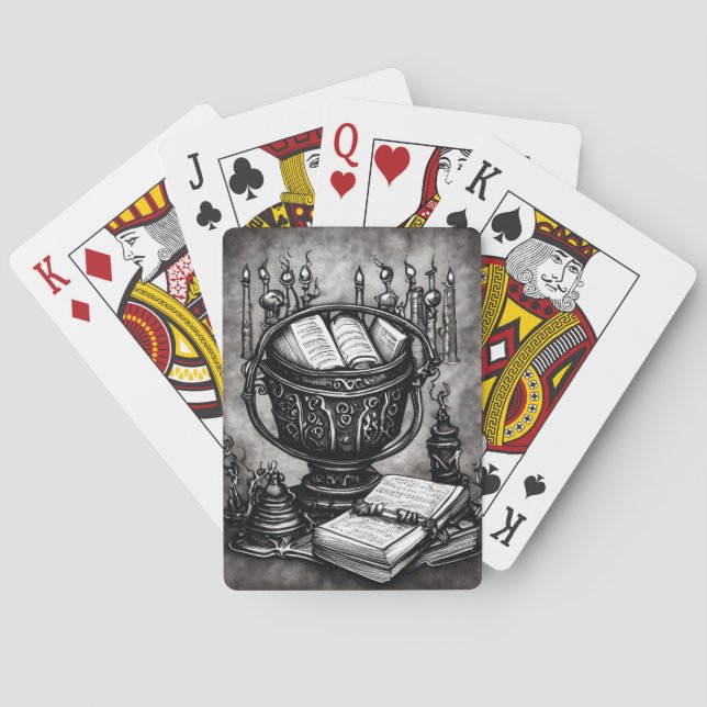 Silvery Steampunk Cauldron Spellbooks and Potions Playing Cards (Back)