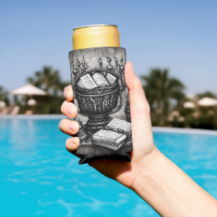 Silvery Steampunk Cauldron Spellbooks and Potions Seltzer Can Cooler