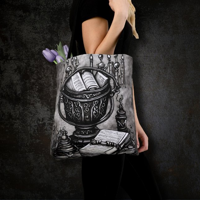 Silvery Steampunk Cauldron Spellbooks and Potions Tote Bag (Creator Uploaded)