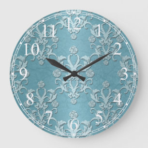 Silvery Teal Floral Damask Design Large Clock