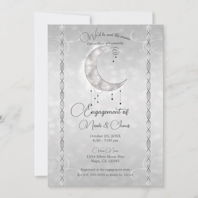 Silvery White Crescent Moon Stars Engagement Party Invitation (Front)