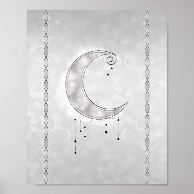Silvery White Crescent Moon Stars Engagement Party Poster (Front)