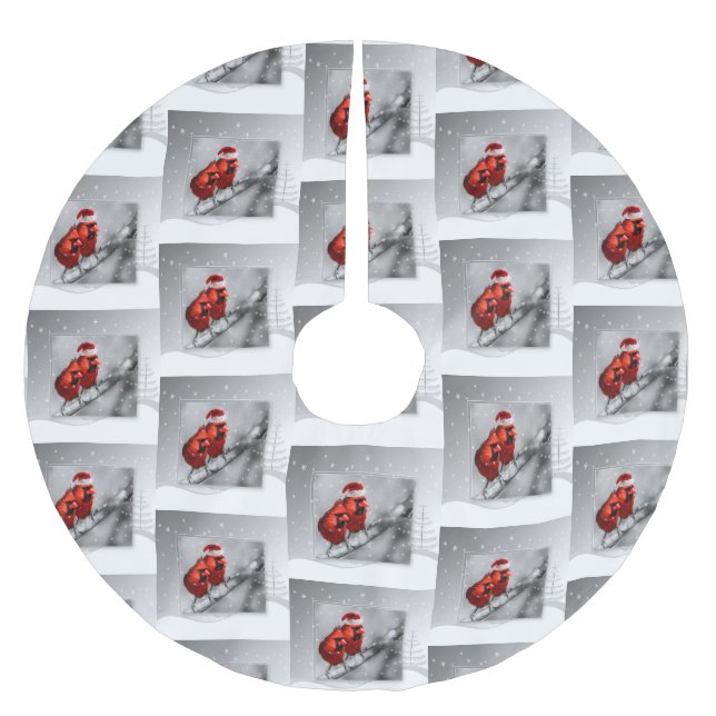 Silvery Winter Scene with Two Red Cardinal Birds Brushed Polyester Tree Skirt (Front)