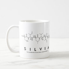 Mug featuring the name Silvia spelled out in the single letter amino acid code