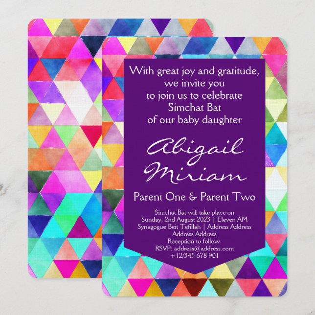 Simchat Bat Jewish Baby Girl Naming Colourful Invitation (Front/Back)