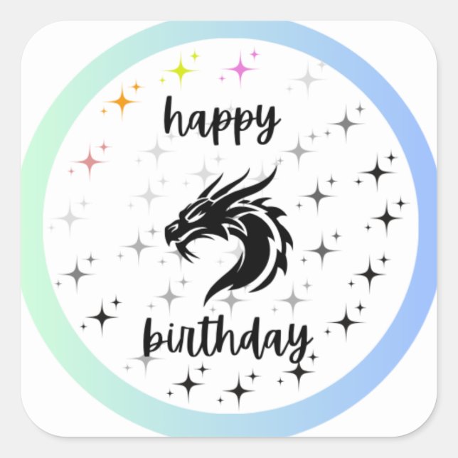 simmi fashion black dragon stars happy birthday square sticker (Front)