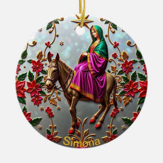 SIMONA ~ Mary on the Donkey ~  Ceramic Tree Decoration (Front)