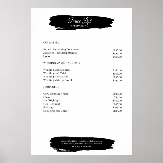 Simpel Black White Price List Poster (Front)