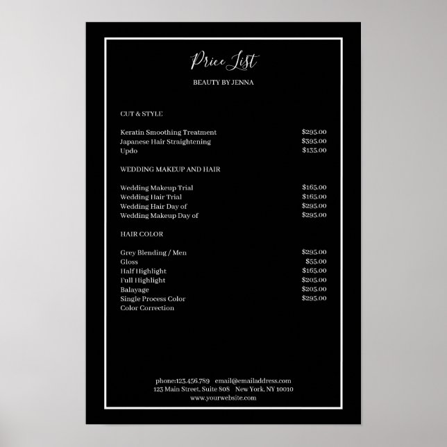 Simpel Black White Price List  Poster (Front)