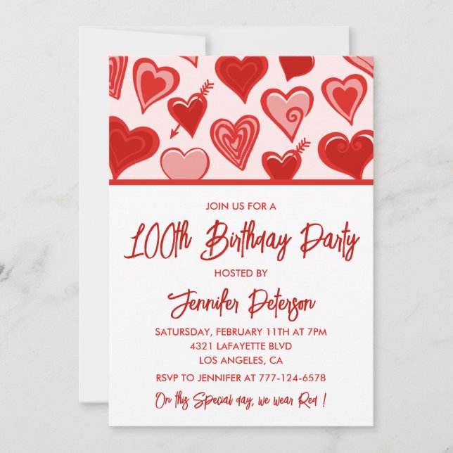 Simple 100th birthday invitations for her Hearts (Front)