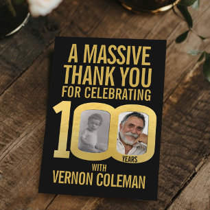 Simple 100th birthday photo black and gold  thank you card