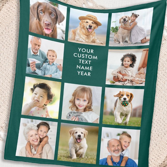 Simple 11 Photo Collage Personalized Emerald Green Fleece Blanket (Creator Uploaded)
