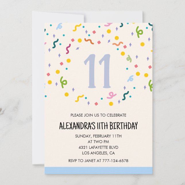 Simple 11th birthday invitations Confetti Modern (Front)