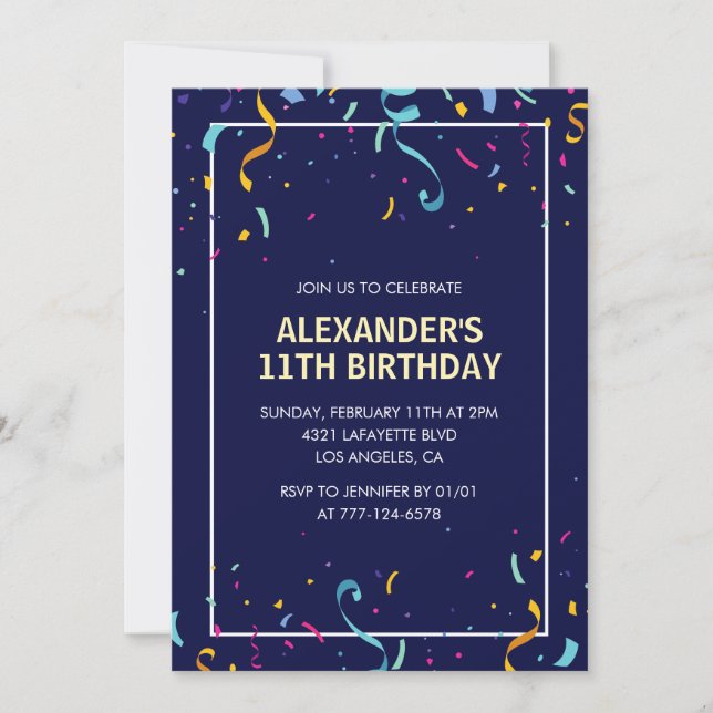 Simple 11th birthday invitations Navy Confetti  (Front)
