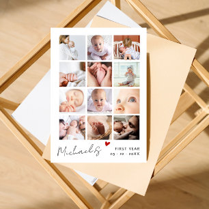 Simple 12 Photo Collage My First Year Birthday Thank You Card