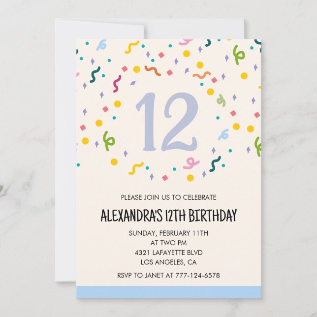 Simple 12th birthday invitations Confetti Modern (Front)