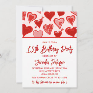 Simple 12th birthday invitations for her Hearts