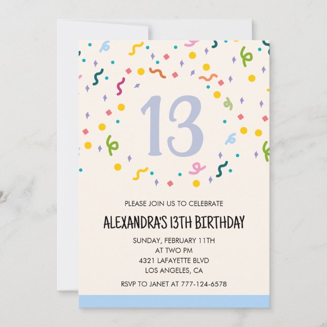 Simple 13th birthday invitations Confetti Modern (Front)
