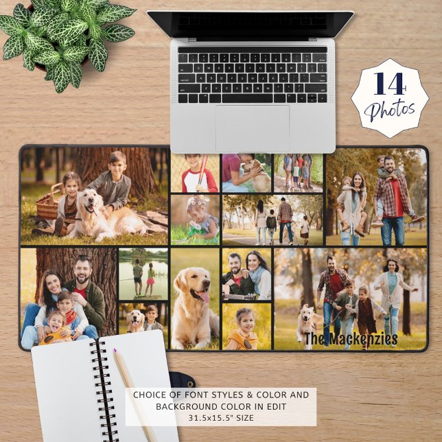 Simple 14 Photo Collage Custom Colour Personalised Desk Mat (Creator Uploaded)