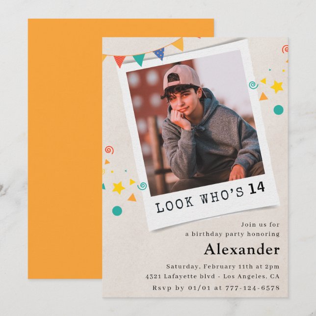 Simple 14th birthday invitations Boy Photo (Front/Back)